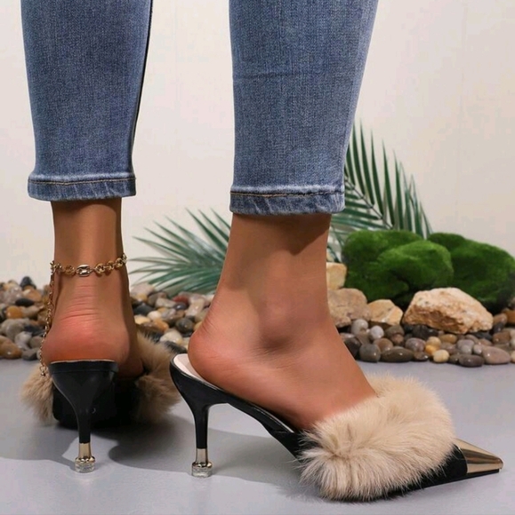 French Style Closed Toe Fluffy Slides, Women Metal Pointed Toe Stilettos High - Picture 4 of 5